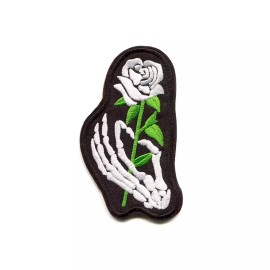 Patchwork Paradise Skeleton Hand Holding White Rose Embroidered Iron On Patch DIY Applique