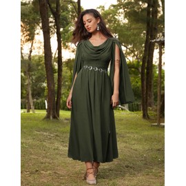 Renaissance Dress for Women Cowl Neck Split Long Sleeve Medieval Dress with Pockets Olive Green L