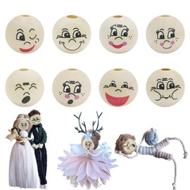 Kotkiddy® Pack of 40 Round Wooden Beads 20 mm, Wooden Beads with Face, Wooden Beads with Various Smiley Faces, Wooden Beads Round for DIY Handmade