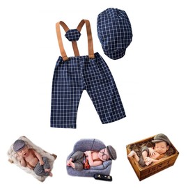 Coberllus Newborn Monthly Baby Photo Props Stripe Cool Boys Cap Pants Photography (Dark Blue)