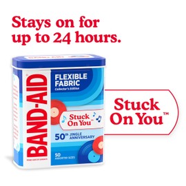 BAND-AID Brand Adhesive Bandages Flexible Fabric, Comfortable Sterile Protection & Wound Care for Minor Cuts & Burns, Jingle Anniversary Tin, Assorted Sizes, 50ct