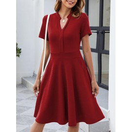 Red Dresses for Women Short Sleeve Semi Formal Fit and Flare Knee Length A Line Work Swing Dinner Cocktail Vintage Sunday Church Petite Interview Business Casual Professional Work Dress M