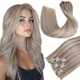 Hetto Clip in Hair Extensions Blonde Blend Human Hair Medium Blonde Extensions Natural Hair 7 Pieces 120g Golden Blonde Unisex Medium Blonde #17/23