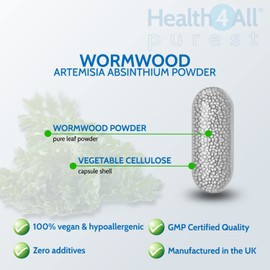 Health4All Wormwood 250mg 90 Capsules (V) Purest: no additives. Vegan Artemisia Absinthium Supplement