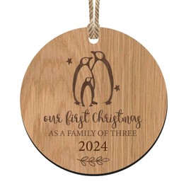 First Christmas as a Family of 3 Wooden Christmas Tree Ornament Decoration Bauble - New Baby Gift Keepsake with Penguins - Baby's 1st Christmas 2024 (Family of 3)