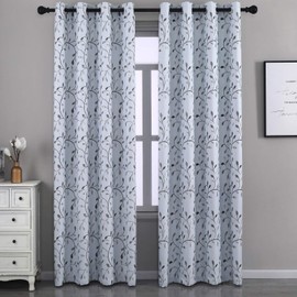 GYROHOME Floral Blackout Curtain with Leaf Embroidery Grommet Top Thermal Insulated Room Darkening Engery Saving Drape Noise Reducing No Formaldehyde,2Panel,52Wx84L-inch,Light Gray