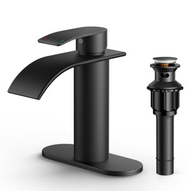 FORIOUS Waterfall Black Bathroom Faucets 1 or 3 Hole, Matte Black Single Handle Bathroom Sink Faucet with Metal Pop up Drain and Supply Hoses, Lead-Free Faucet for Bathroom Sink, Vanity