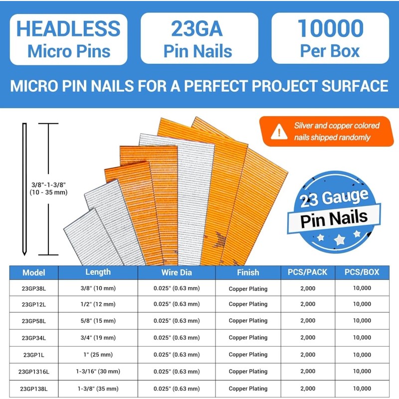 meite 23GA 1/2" Micro Headless Pin Nails Galvanized Pin Nails