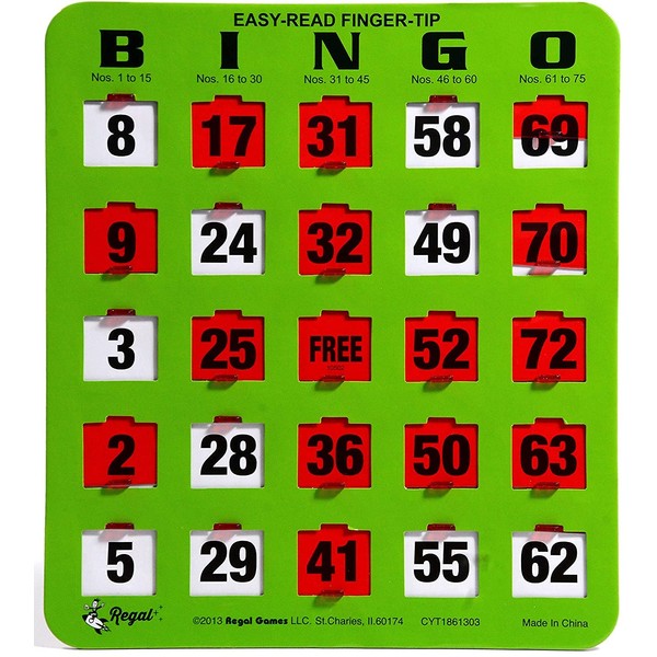 Regal Bingo - Shutter Slide Bingo Cards Only - 8” x 9” - 5-Ply Green Cardstock - Easy to Read - Red Sliding Windows - 50-Pack - Perfect for Large Groups, Bulk Purchasing - Non Repeating Set