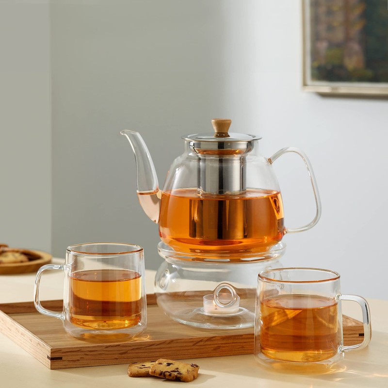 CNGLASS Glass Teapot with Infuser(37.5oz),Clear Tea Kettle with Removable Stainless