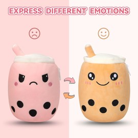 GDGZT Reversible Bubble Tea Plush, Reversible Plushies Boba Plush, Double-Sided Flip Plush Doll, Happy and Sad Mood Boba Plushies, Cute Plush Toys Gift for Girls and Boys (Brown & Pink)