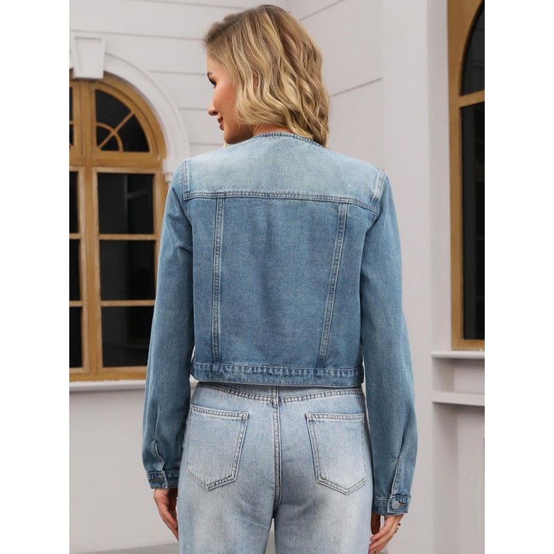 CIMUK Women's Denim Jacket Collarless Button Down 2025 Western Long