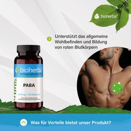 BIOHERBA PABA 210 mg capsules - p-aminobenzoic acid - pack of 100, high dose, supports blood formation and oxygen transport - with iron, supports folic acid synthesis, PZN 18215451