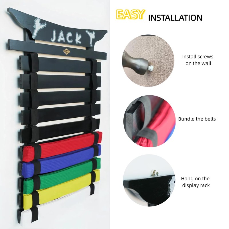 Martial Arts Belt Display Rack, Wooden Wall Mount, Karate and