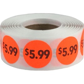 Fluorescent Red $5.99 Circle Dot Stickers, 3/4 Inch Round, 500 Labels on a Roll