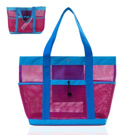 Lvjkes Mesh Strandtasche xxl mit 5 Fächern, Faltbar beach bag, Große Kapazität Schwimmtasche, für Strand, Schwimmen, Camping, Reisen, Fitnessstudio, 49 x 33 x 15cm (Rosenrot)