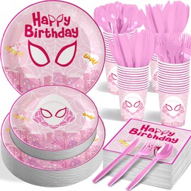 168pcs Super Girl Birthday Party Supplies - Spider Pink Ghost Gwen Plates Napkins Cups Paper Disposable Tableware Decorations for 24 Guests