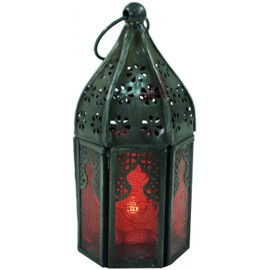 GURU SHOP Oriental Metal/Glass Lantern in Moroccan Design, Red, Colour: Red, 14 x 6 x 6 cm, Oriental Lanterns