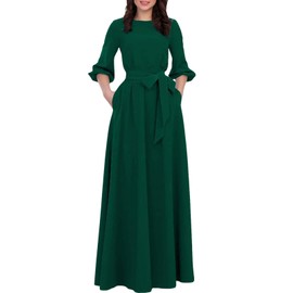 AOOKSMERY Women Elegance Audrey Hepburn Style Round Neck 3/4 Puff Sleeve Swing Maxi Dress Long Belt Dresses with Pockets (Olive, Large)