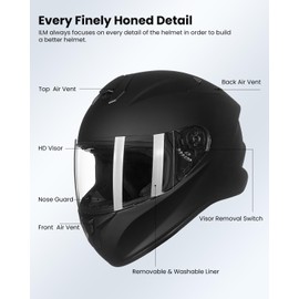 ILM Full Face Motorcycle Street Bike Helmet with Enlarged Air Vents, Free Replacement Visor for Men Women DOT Approved Model ST-06 (Matte Black, Medium)