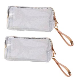 Siomlana 2-Piece PVC Translucent Makeup Pouch, Waterproof, Cute Lightweight, Rainbow Shine, Large Capacity, Travel Storage Bag, Toiletry Storage, Stylish, Convenient to Carry, Silver, Large