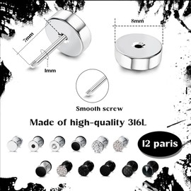 JeweBella 12 Pairs of Fake Plugs Earrings Men Stainless Steel Silver Black Stud Earrings Set Fake Tunnel Earrings Set Round Screw Barbell Ear Plugs Faux Gauges Earrings for Men Women 8 mm, Stainless