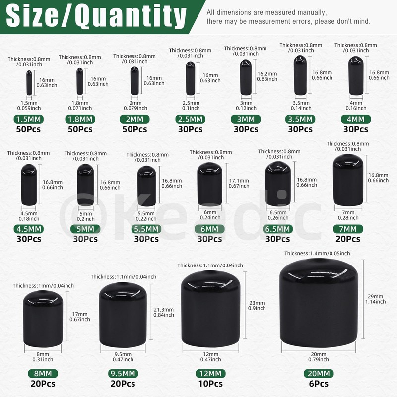 Keadic 496pcs Black Rubber End Caps, 17 Sizes Flexible End