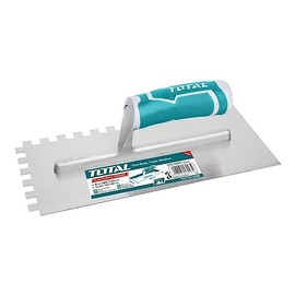 TOTAL - Serrated Trowel | 280 mm Masonry Tool | Carbon Steel for Cement & Glue Application | Ergonomic Bi-Material Handle | Compatible with Tool Belt | Blue, Carbon Steel