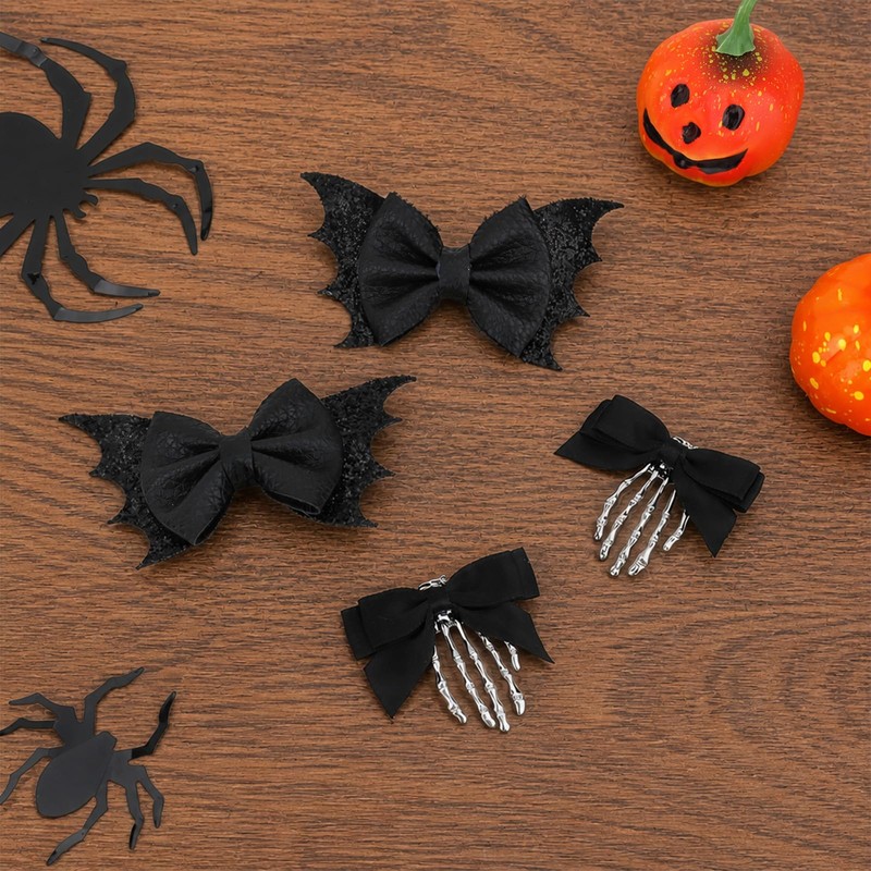 4PCS Halloween Bows Bone Hair Clips Skeleton Hand Bat Spooky