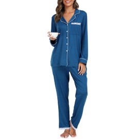 Vlazom Pyjamas Set for Women, Soft Two Pieces Pjs Sets Long Sleeve Button Down Tops and Pants Sleepwear Loungewear with Pockets Cobalt Blue,M