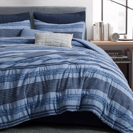 Wonderful Denim Blue Comforter Set King Size, Yarn Dyed Farmhouse Striped Cotton Lightweight Boho Comforter with Pillow Shams, Fluffy Bedding Set for All Season