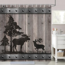 Cortina de ducha rústica de ciervos del bosque, de animales salvajes, granja, clásico, color negro, para puerta de baño, decoración de baño, tela impermeable con 12 ganchos, 72 x 72 pulgadas