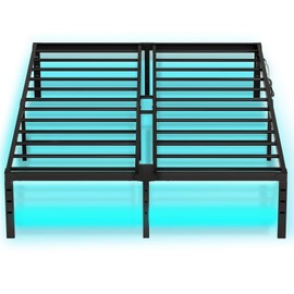 HOOBRO Full Bed Frame with LED Lights, Metal Platform Bed Frame with Charging Station, 2 Outlets and 2 USB Ports, Heavy Duty Full Size Bed Frame with End Stop, Ample Under Bed Space, Black