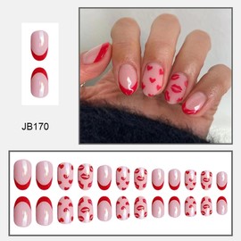 Valentine's Day Press on Nails Short Almond Fake Nails Matte Nails Press ons with Red Heart Lip Designs Red French Tip False Nails Full Cover Glue on Nails Stick on Nails for Women Manicure 24 Pcs