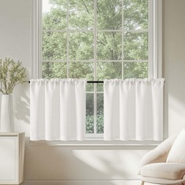 TOPICK Opaque Net Curtains Kitchen White Bistro Curtain with Drawstring Curtains Short with Waffle Pattern Semi-Transparent Kitchen Curtains for Small Windows Motorhome Country House Set of 2 90 W x
