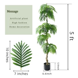 5FT Artificial Palm Tree Fake Trees Plants Tropical Palm Leaves Faux Palm Plants Tall Tree Indoor Real Touch Artificial Silk Plant for Home Office Living Room Decor Indoor.