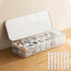 PAVSTINE Cable Organizer Storage Box with 7 Wire Ties,Desktop Cable Management Box with Lid,Power Cord Organizer with 7 Compartments for Office,Home,Desk Accessories Storage Stationery Supplies White