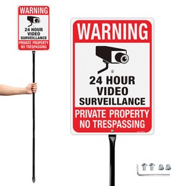 T&R Large Video Surveillance Signs with 54" Stake, Private Property No Trespassing - 14"x10" .040 Rust Free Aluminum, Reflective, Waterproof and Fade Resistant, 2 pre-drilled holes, Includes Matching