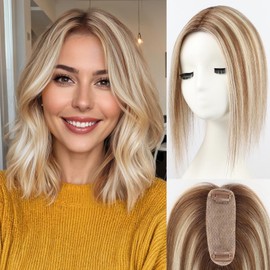 starluck Hair Toppers for Women Real Human Hair 4.5"*1.5"Silk Base ombre Blonde mix Brown HairPieces No Bangs 100% Real Human HairToppers for Women with ThinningHair Cover Gray Roots