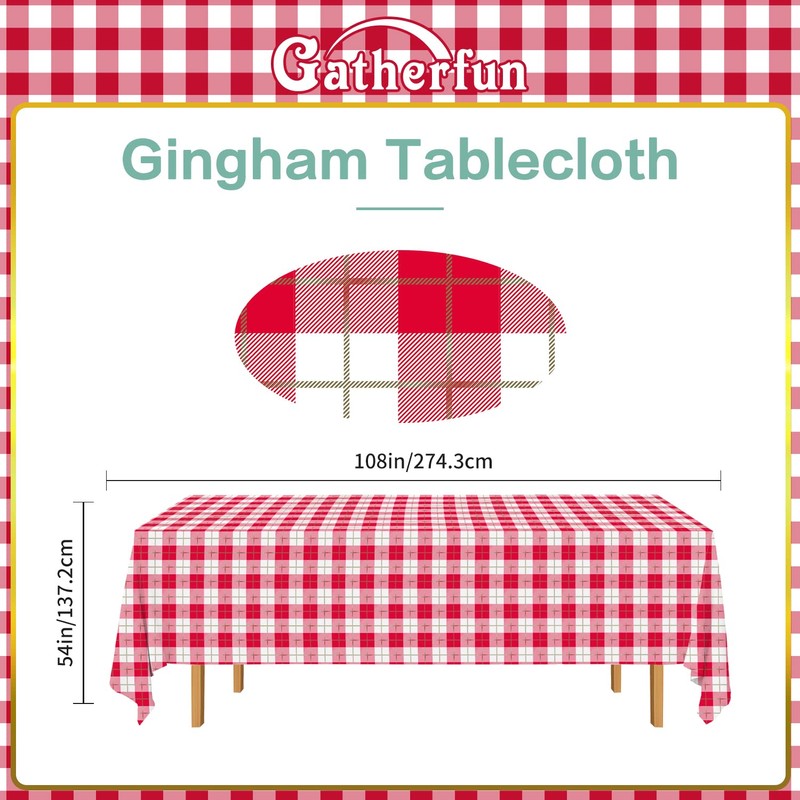 Gatherfun 3PCS Red White Gingham Rectangular Waterproof Tablecloth 54X108Inch Disposable