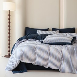 SUSYBAO Blue Pinstripe Duvet Cover Queen 100% Washed Cotton 3 Pieces Set 1 Neutral Navy Blue Striped Duvet Cover with Zipper Ties 2 Pillow Shams Dual Color Ticking Stripe Bedding Set Soft