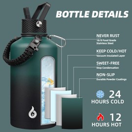 BJPKPK 2/3 Gallon Water Bottle with Straw Lid, 87oz Large, Stainless Steel Water Bottles with 3 Lids and Paracord Strap, Double Wall Vacuum Metal Jug, Army Green & Black