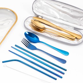 Travel Cutlery Set, Reusable Stainless Steel Utensils Set with Case, Portable Camping Cutlery Set for Lunch Box, 8-Piece Flatware Set Including Fork Spoon Chopsticks Cleaning Brush Straws (Blue)