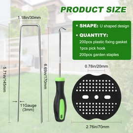 TAYLOON 200pcs Garden Stakes Staples, 6 Inch 11 Gauge Landscape Staples + 200pcs Buffer Washer + 1 Pick Hook, U-Shaped Galvanized Landscape Pins, Tent Stakes for Weed Barrier Fabric Heavy Duty
