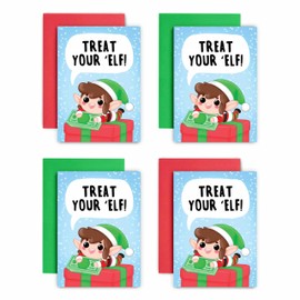 Huxters Money Christmas Cards Wallets Pack of 4 Pack Contains Treat Your Elf Design - Universal Wallet for Cash Voucher and Voucher on Display Card A6 Size