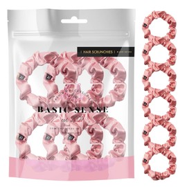 Basic Sense Skinny Satin Hair Scrunchies for Fine Hair, Snag-Free, Strong Hold, A set of 6pcs, Pink