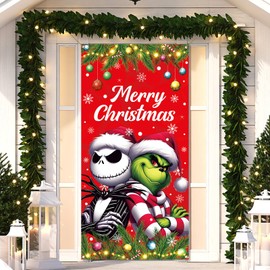 Sunwer Christmas Door Cover Nightmare Before Christmas Jack Skellington Banner Green Xmas Winter Holiday Birthday Party Supply for Home Garage Door Decor