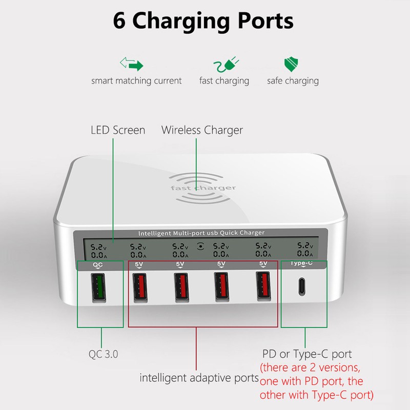USB Fast Charging Station Wireless Multi Port 6 Ports 50W