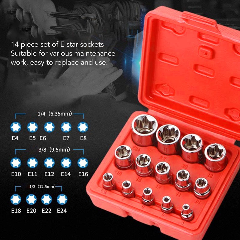 14Pcs E Star Socket Set Chrome Vanadium Steel Portable External