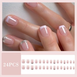 30 Pcs French False Nails, Full Cover Nude Press on Nails Silver Border, Removable Glue-on Nails, French Fake Nails Stick on Nails for Women Girls Nail Art